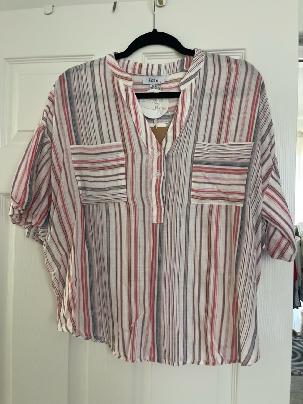 Fate Striped Short Sleeve Button Henley Top in Pink and Gray